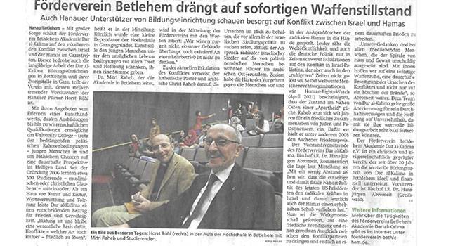 Forderverein Betlehem drangt auf sofortigen Waffenstillstand 